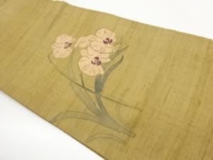 作家物　手織り紬胡蝶蘭模様開き名古屋帯（額縁仕立て）